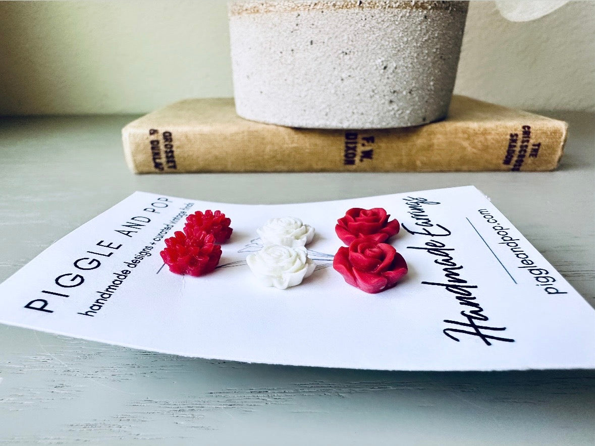 Red and White Flower Earrings Set, Handmade Cute Floral Resin Earrings, Red Daisy Earrings, White Rose Earrings, Matte Red Rose Earring Gift Set by Piggle and Pop
