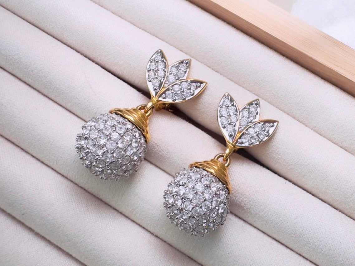Rhinestone Drop Earrings, Pave Crystal Disco Ball Silver and Gold Glam Vintage Clip On Earrings
