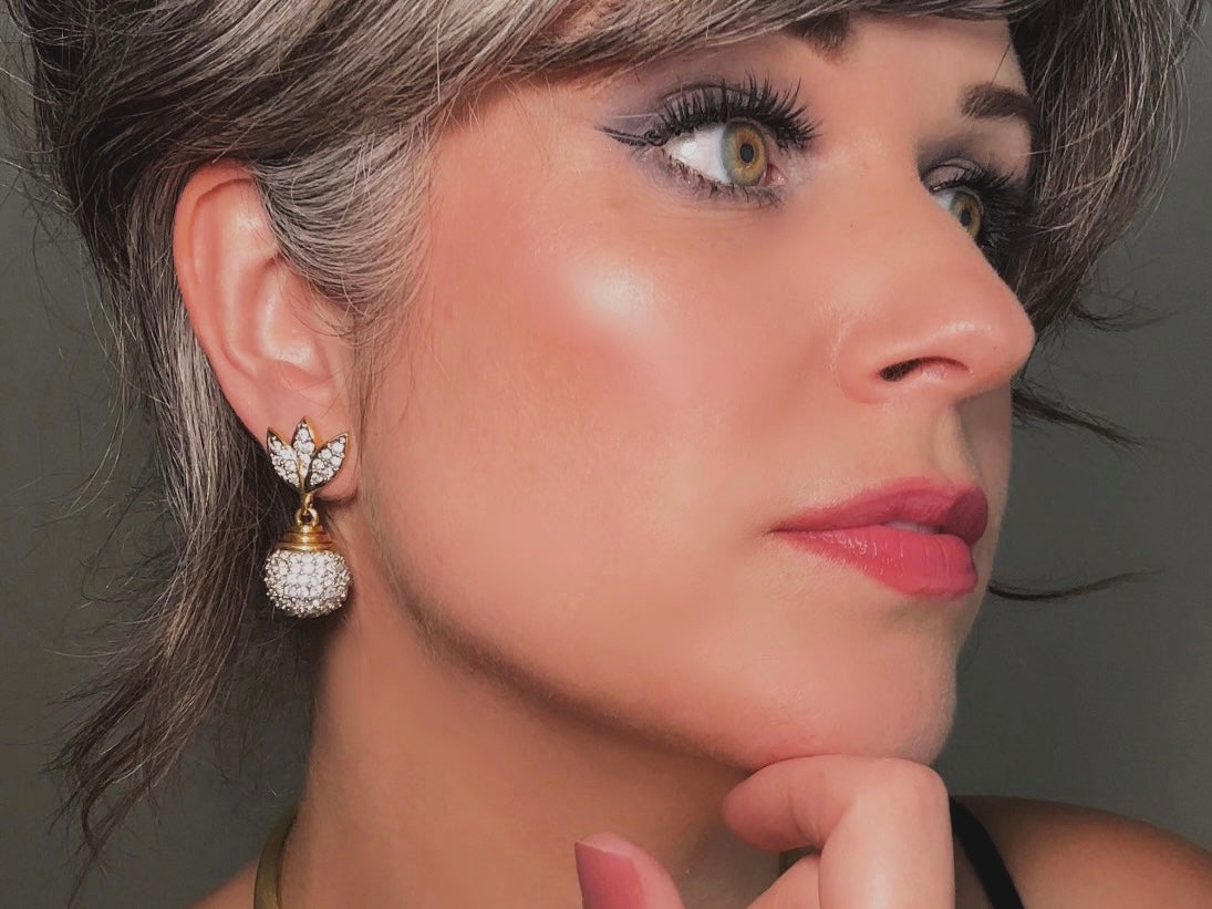 Rhinestone Drop Earrings, Pave Crystal Disco Ball Silver and Gold Glam Vintage Clip On Earrings