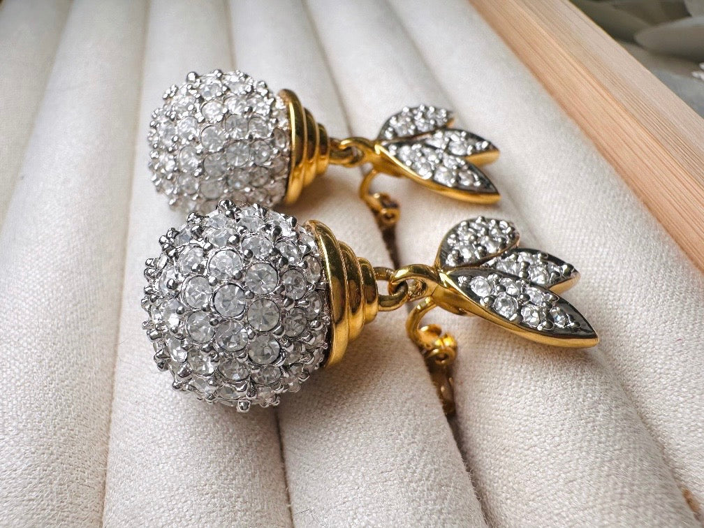 Rhinestone Drop Earrings, Pave Crystal Disco Ball Silver and Gold Glam Vintage Clip On Earrings