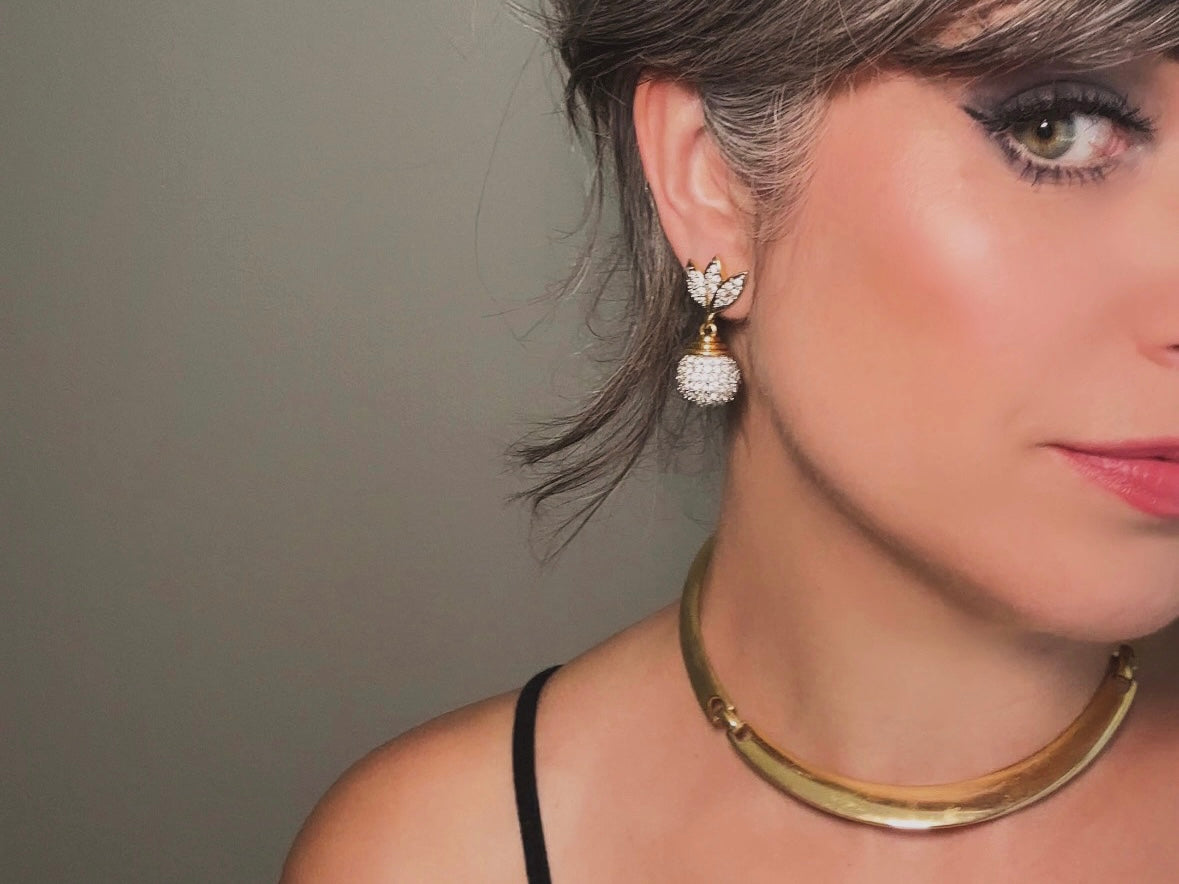 Rhinestone Drop Earrings, Pave Crystal Disco Ball Silver and Gold Glam Vintage Clip On Earrings