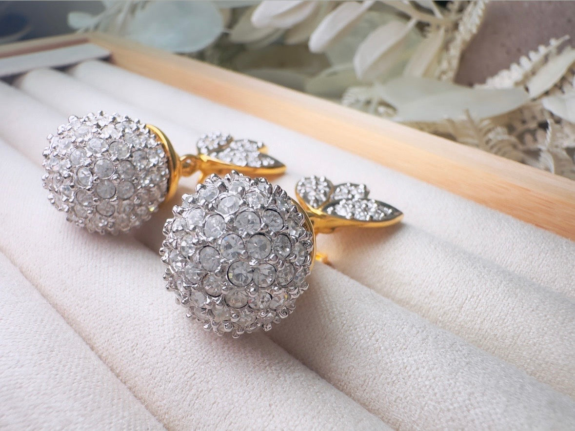 Rhinestone Drop Earrings, Pave Crystal Disco Ball Silver and Gold Glam Vintage Clip On Earrings