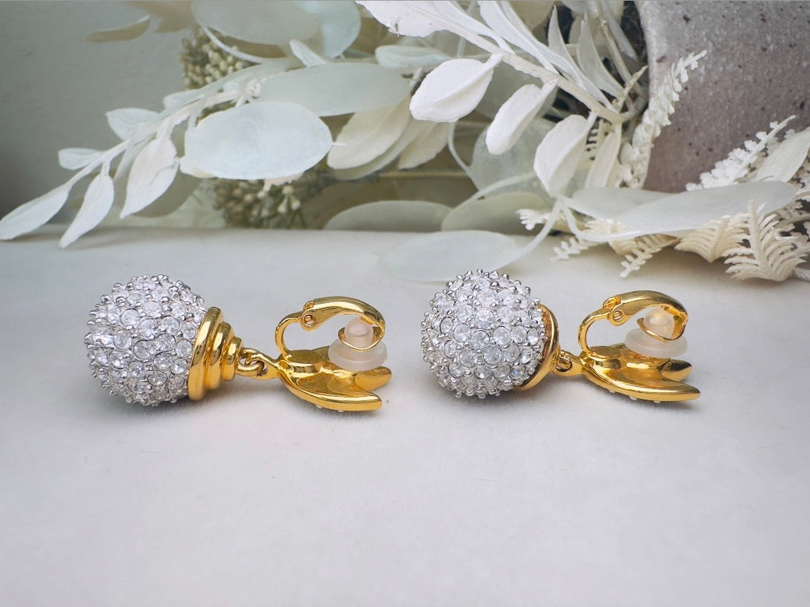 Rhinestone Drop Earrings, Pave Crystal Disco Ball Silver and Gold Glam Vintage Clip On Earrings