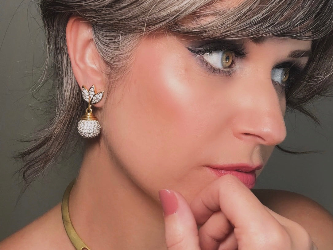 Rhinestone Drop Earrings, Pave Crystal Disco Ball Silver and Gold Glam Vintage Clip On Earrings