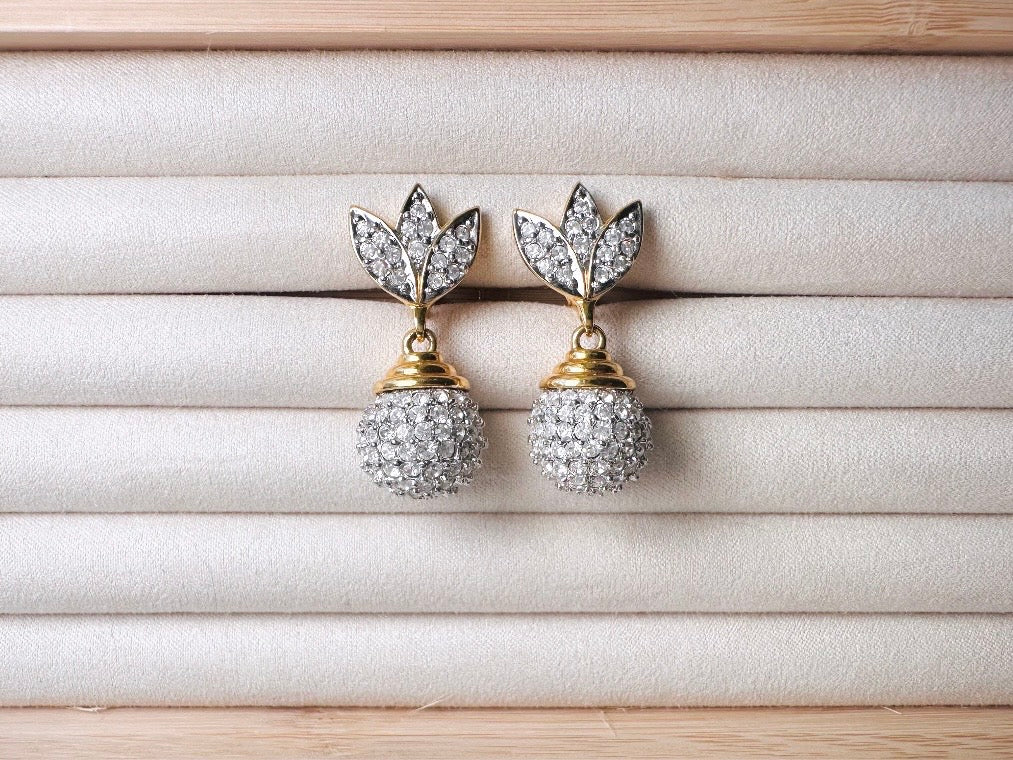 Rhinestone Drop Earrings, Pave Crystal Disco Ball Silver and Gold Glam Vintage Clip On Earrings