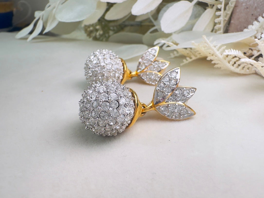 Rhinestone Drop Earrings, Pave Crystal Disco Ball Silver and Gold Glam Vintage Clip On Earrings