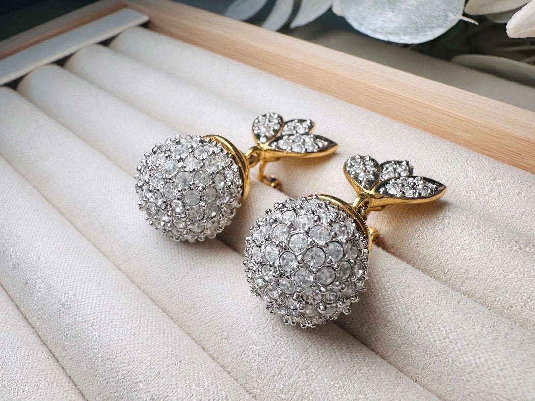 Rhinestone Drop Earrings, Pave Crystal Disco Ball Silver and Gold Glam Vintage Clip On Earrings