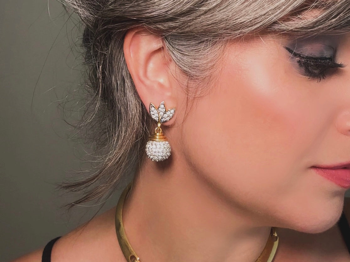 Rhinestone Drop Earrings, Pave Crystal Disco Ball Silver and Gold Glam Vintage Clip On Earrings