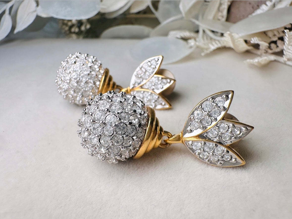 Rhinestone Drop Earrings, Pave Crystal Disco Ball Silver and Gold Glam Vintage Clip On Earrings