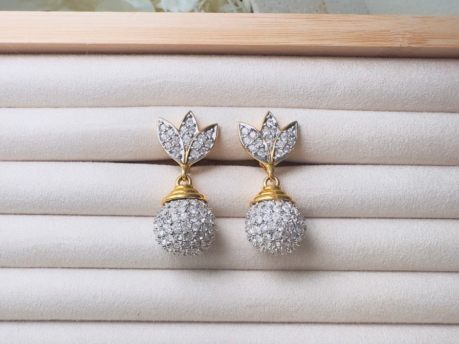 Rhinestone Drop Earrings, Pave Crystal Disco Ball Silver and Gold Glam Vintage Clip On Earrings