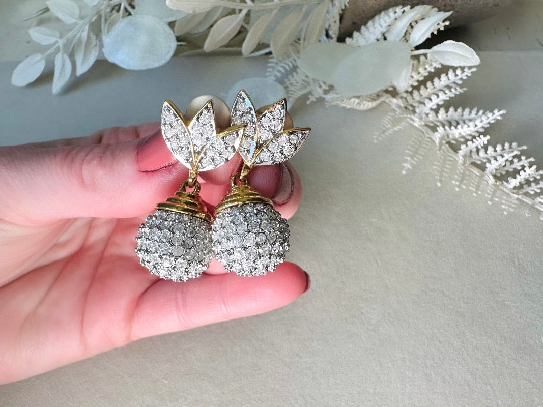 Rhinestone Drop Earrings, Pave Crystal Disco Ball Silver and Gold Glam Vintage Clip On Earrings