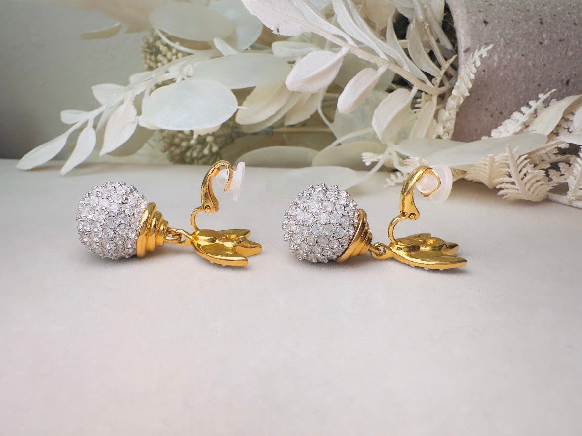 Rhinestone Drop Earrings, Pave Crystal Disco Ball Silver and Gold Glam Vintage Clip On Earrings