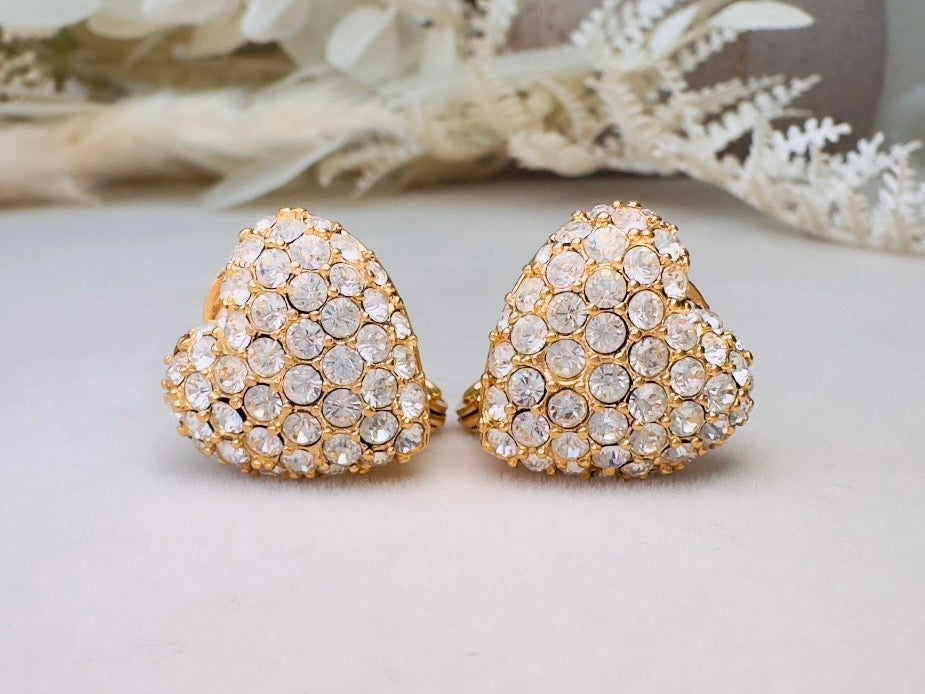 Rhinestone Heart Earrings, Sparkling Monet Vintage Crystal Clip On Earrings