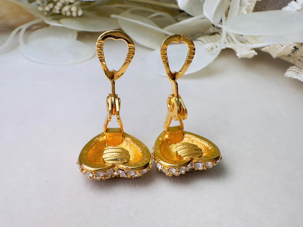 Rhinestone Heart Earrings, Sparkling Monet Vintage Crystal Clip On Earrings