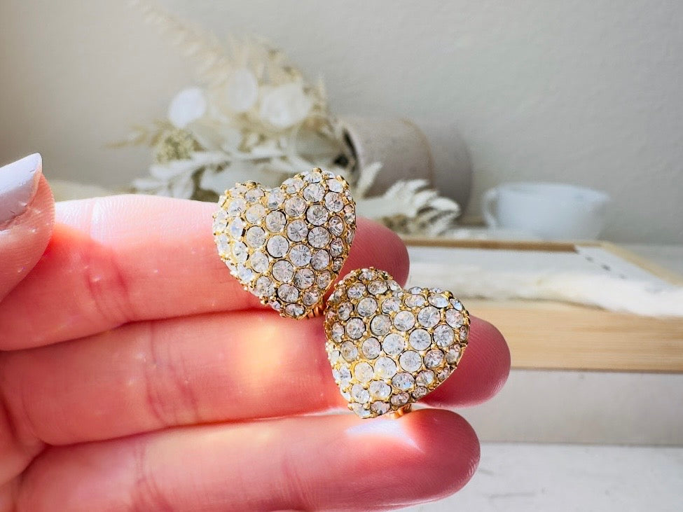Rhinestone Heart Earrings, Sparkling Monet Vintage Crystal Clip On Earrings