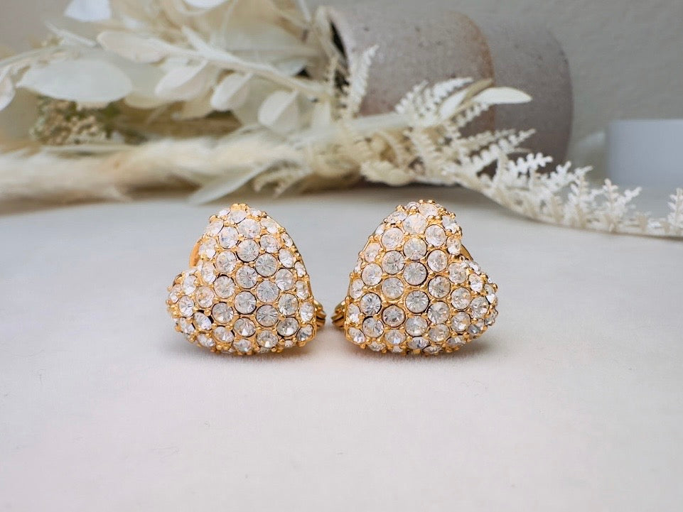 Rhinestone Heart Earrings, Sparkling Monet Vintage Crystal Clip On Earrings