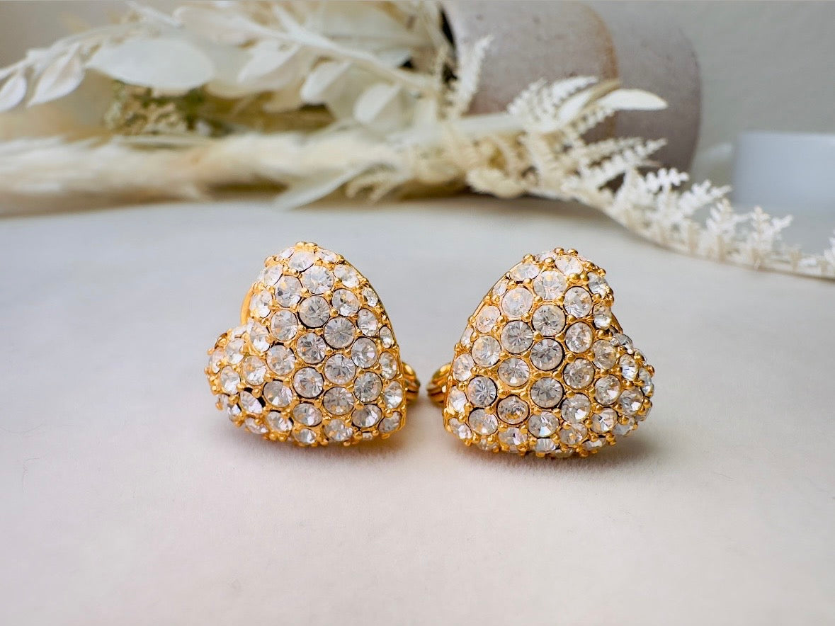 Rhinestone Heart Earrings, Sparkling Monet Vintage Crystal Clip On Earrings