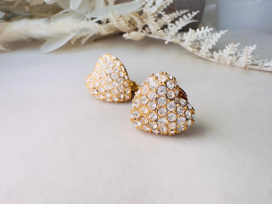 Rhinestone Heart Earrings, Sparkling Monet Vintage Crystal Clip On Earrings