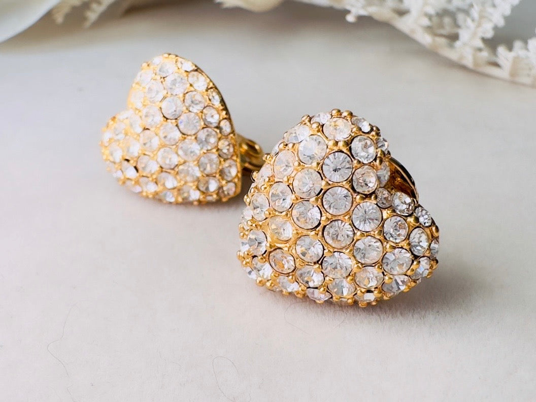 Rhinestone Heart Earrings, Sparkling Monet Vintage Crystal Clip On Earrings