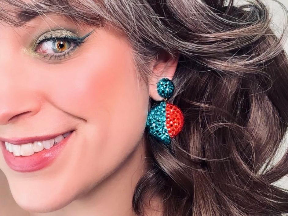 Richard Kerr Teal Orange Vintage Statement Earrings, Pierced Dangle Swarovski Pave Set Crystal Earrings, Rare Designer Vintage 1980s Earring