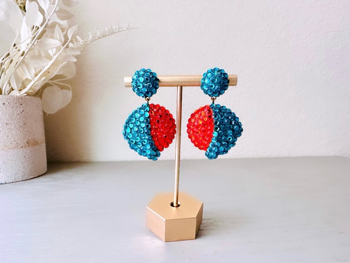 Richard Kerr Teal Orange Vintage Statement Earrings, Pierced Dangle Swarovski Pave Set Crystal Earrings, Rare Designer Vintage 1980s Earring by Piggle and Pop