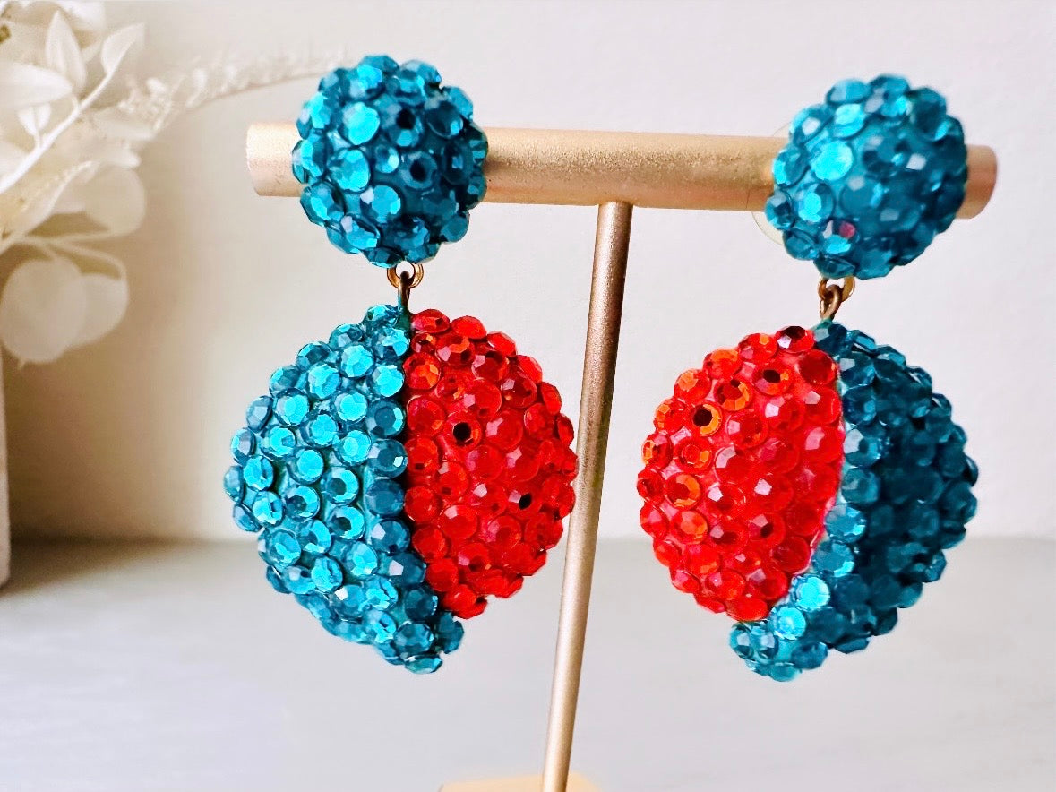 Richard Kerr Teal Orange Vintage Statement Earrings, Pierced Dangle Swarovski Pave Set Crystal Earrings, Rare Designer Vintage 1980s Earring by Piggle and Pop