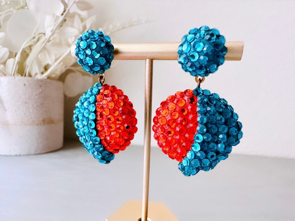 Richard Kerr Teal Orange Vintage Statement Earrings, Pierced Dangle Swarovski Pave Set Crystal Earrings, Rare Designer Vintage 1980s Earring by Piggle and Pop