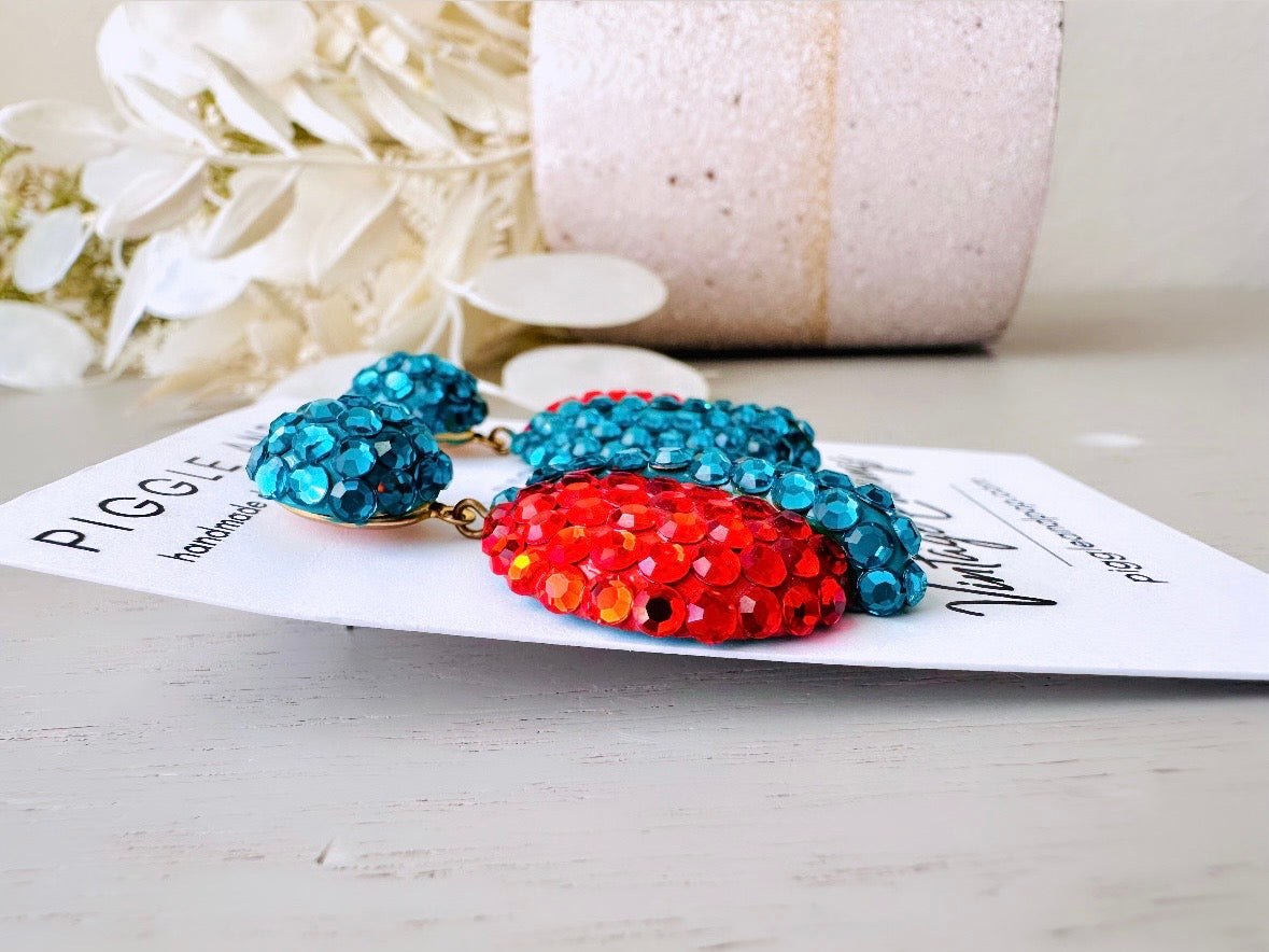 Richard Kerr Teal Orange Vintage Statement Earrings, Pierced Dangle Swarovski Pave Set Crystal Earrings, Rare Designer Vintage 1980s Earring by Piggle and Pop