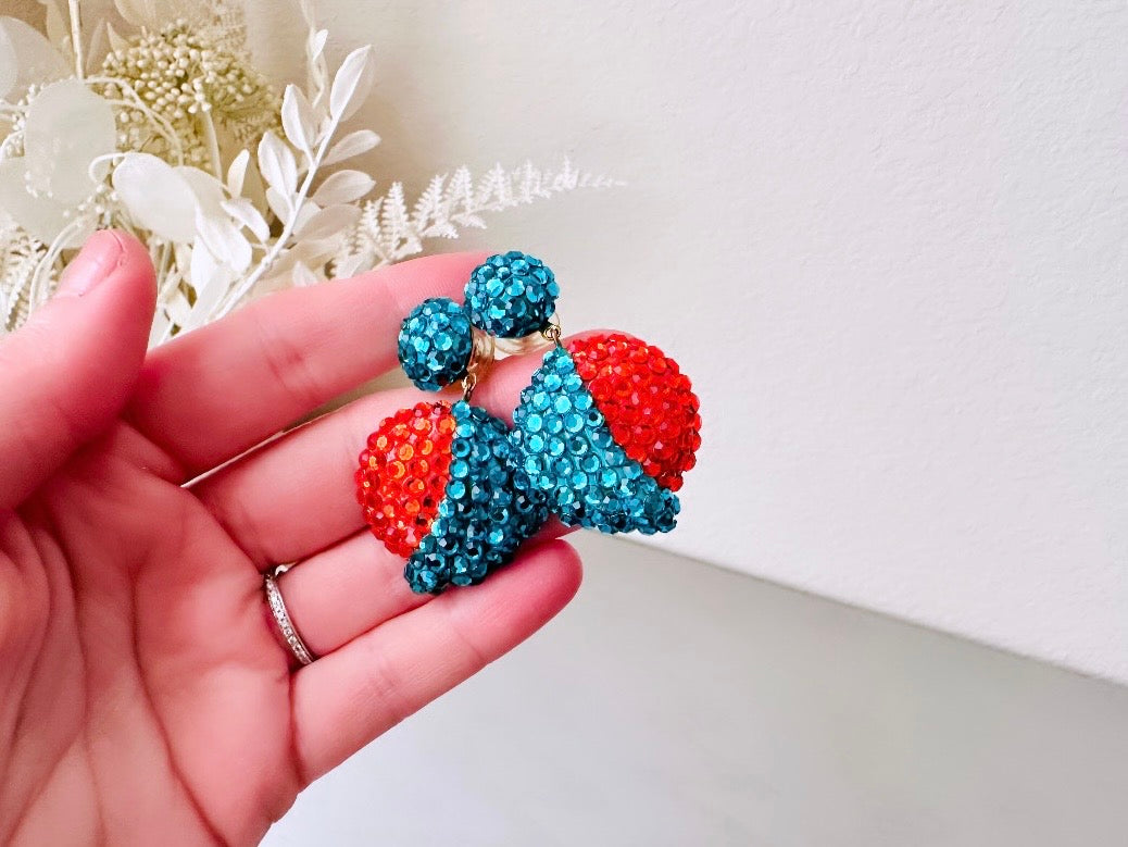 Richard Kerr Teal Orange Vintage Statement Earrings, Pierced Dangle Swarovski Pave Set Crystal Earrings, Rare Designer Vintage 1980s Earring by Piggle and Pop
