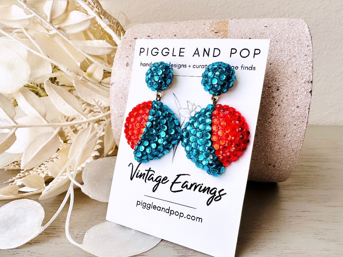 Richard Kerr Teal Orange Vintage Statement Earrings, Pierced Dangle Swarovski Pave Set Crystal Earrings, Rare Designer Vintage 1980s Earring by Piggle and Pop