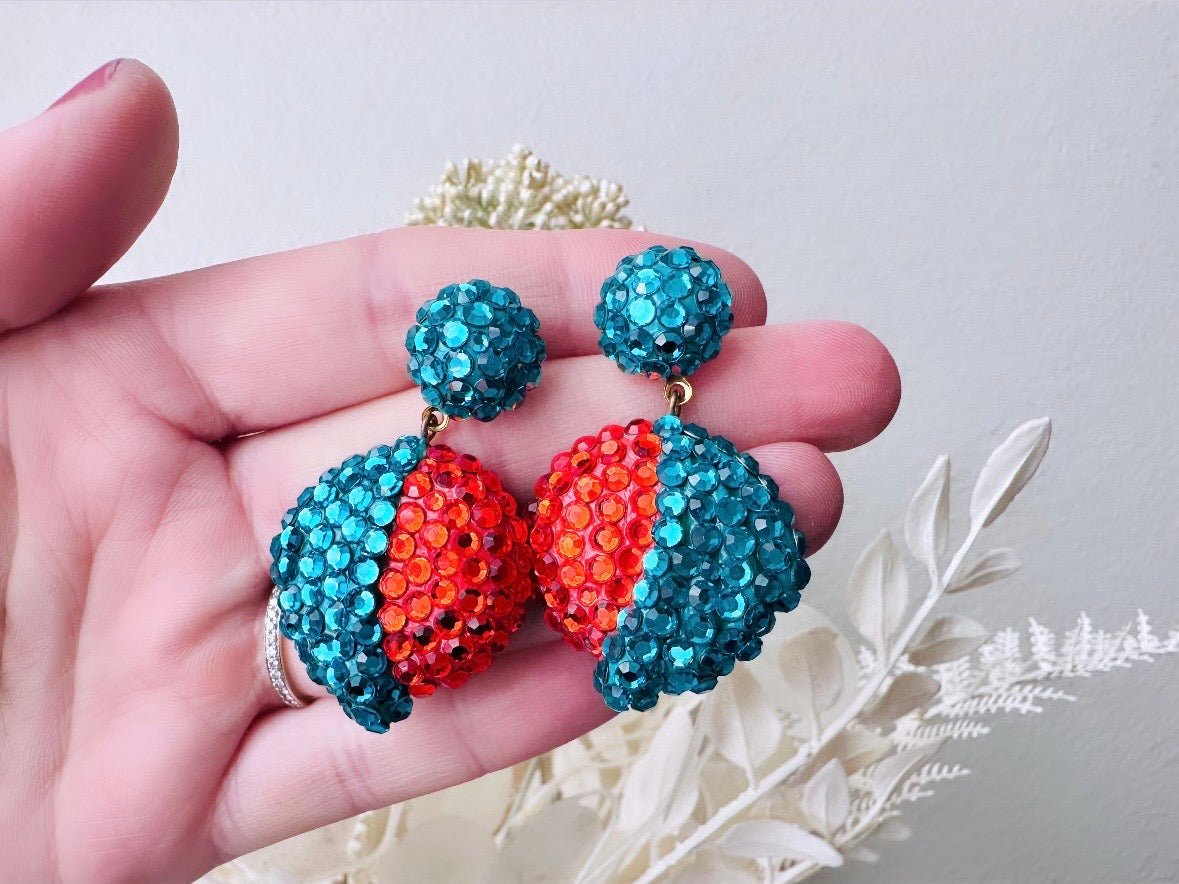 Richard Kerr Teal Orange Vintage Statement Earrings, Pierced Dangle Swarovski Pave Set Crystal Earrings, Rare Designer Vintage 1980s Earring by Piggle and Pop