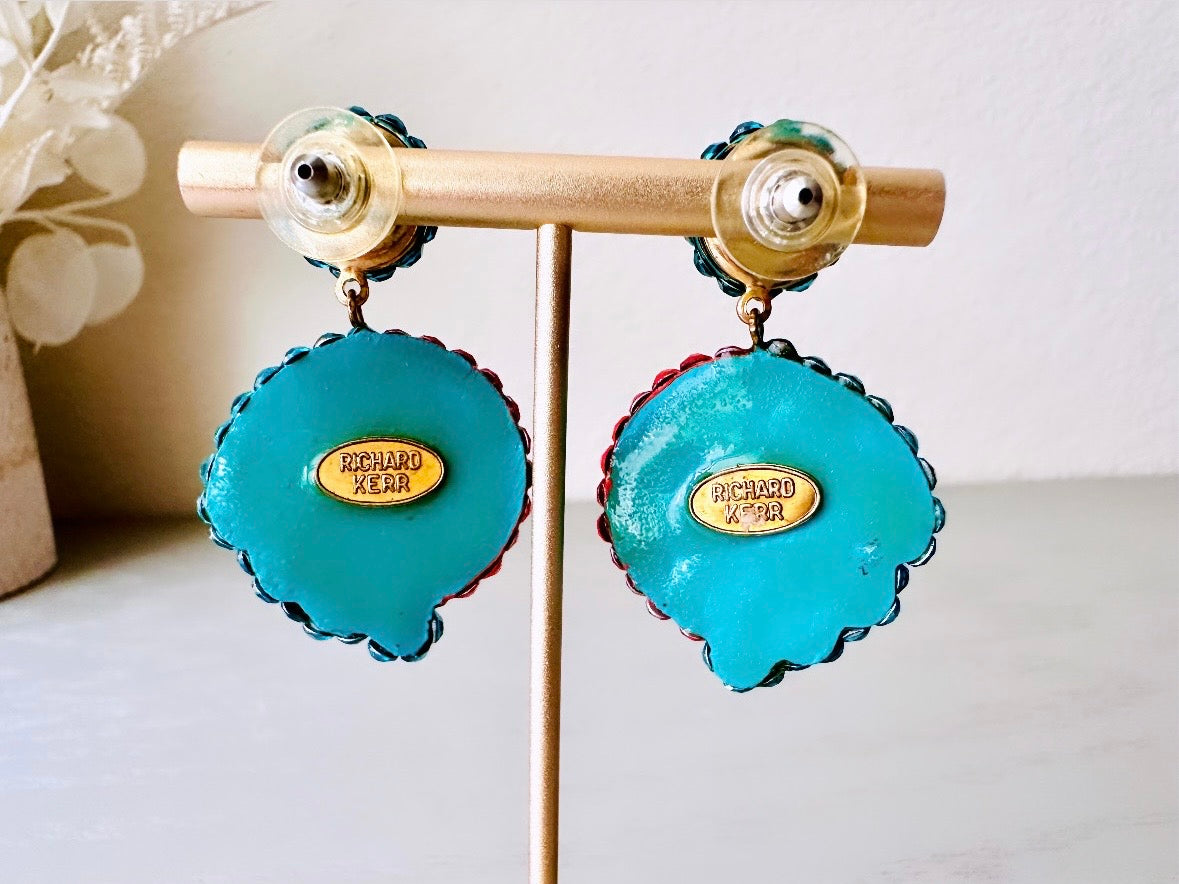 Richard Kerr Teal Orange Vintage Statement Earrings, Pierced Dangle Swarovski Pave Set Crystal Earrings, Rare Designer Vintage 1980s Earring by Piggle and Pop