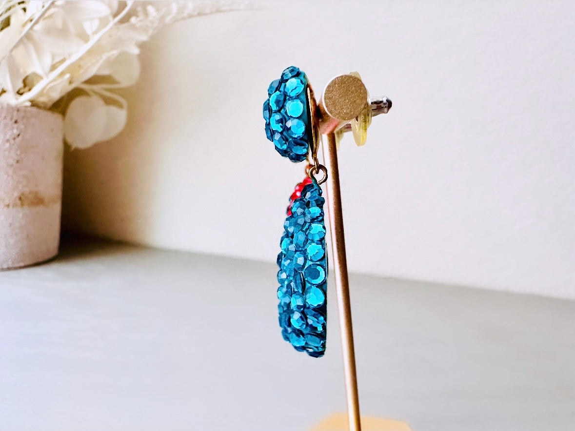 Richard Kerr Teal Orange Vintage Statement Earrings, Pierced Dangle Swarovski Pave Set Crystal Earrings, Rare Designer Vintage 1980s Earring by Piggle and Pop
