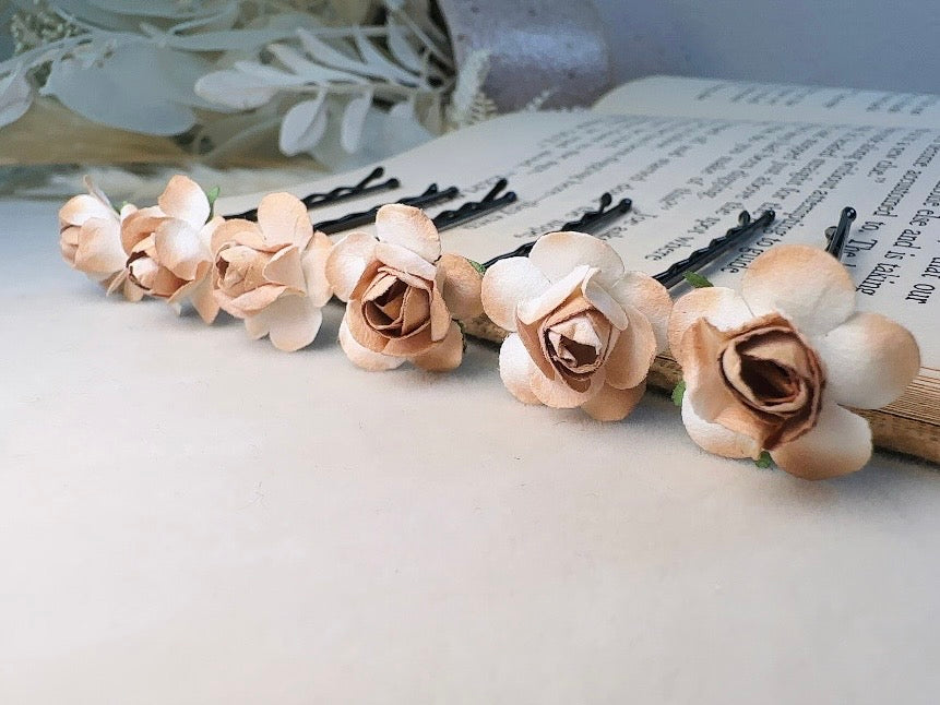 Rose Hair Pins in Latte Brown, Handmade Paper Flower Bobby Pins in Cream and Champagne