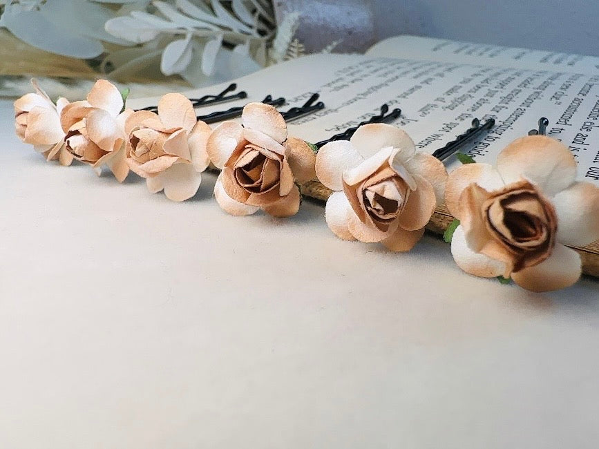 Rose Hair Pins in Latte Brown, Handmade Paper Flower Bobby Pins in Cream and Champagne
