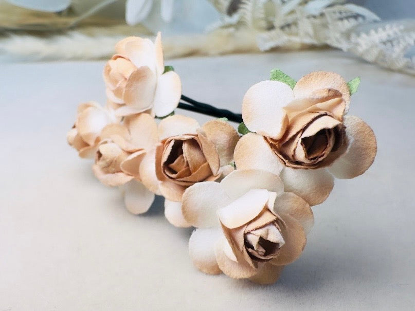 Rose Hair Pins in Latte Brown, Handmade Paper Flower Bobby Pins in Cream and Champagne