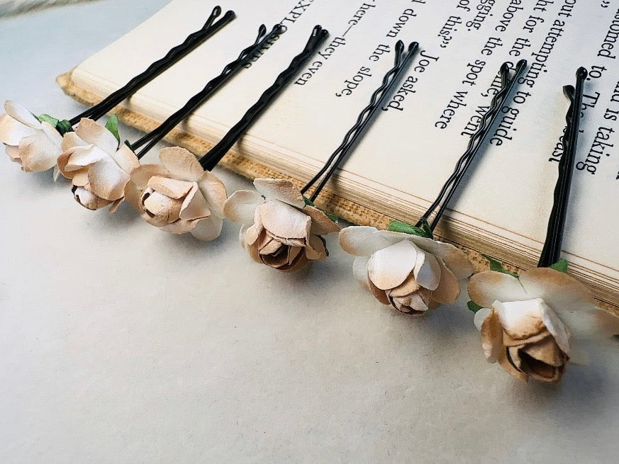 Rose Hair Pins in Latte Brown, Handmade Paper Flower Bobby Pins in Cream and Champagne