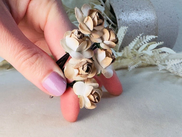 Rose Hair Pins in Latte Brown, Handmade Paper Flower Bobby Pins in Cream and Champagne
