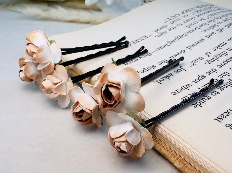 Rose Hair Pins in Latte Brown, Handmade Paper Flower Bobby Pins in Cream and Champagne