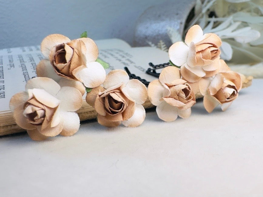 Rose Hair Pins in Latte Brown, Handmade Paper Flower Bobby Pins in Cream and Champagne