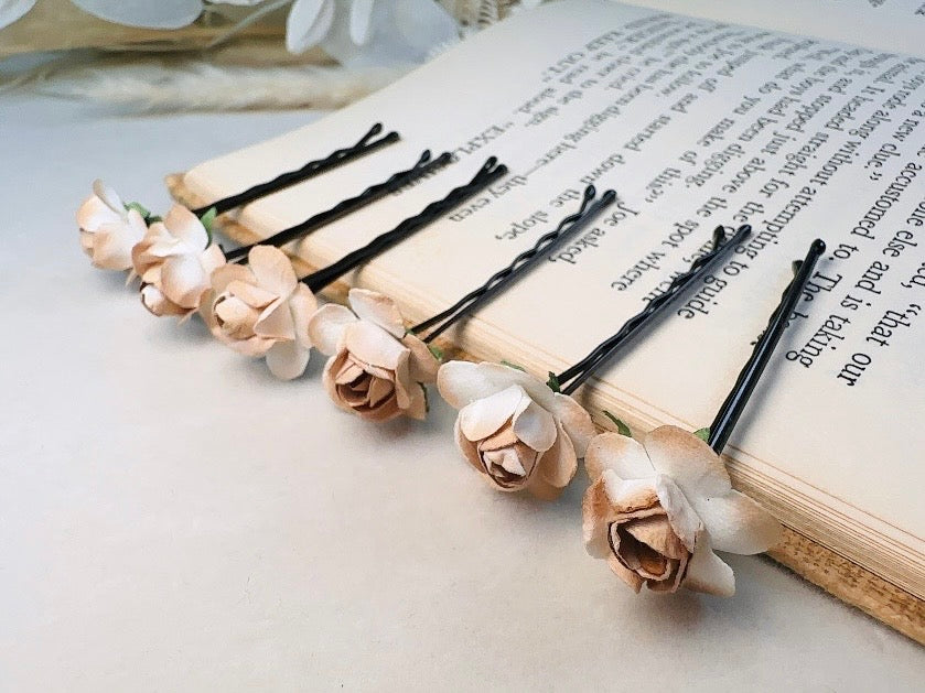 Rose Hair Pins in Latte Brown, Handmade Paper Flower Bobby Pins in Cream and Champagne