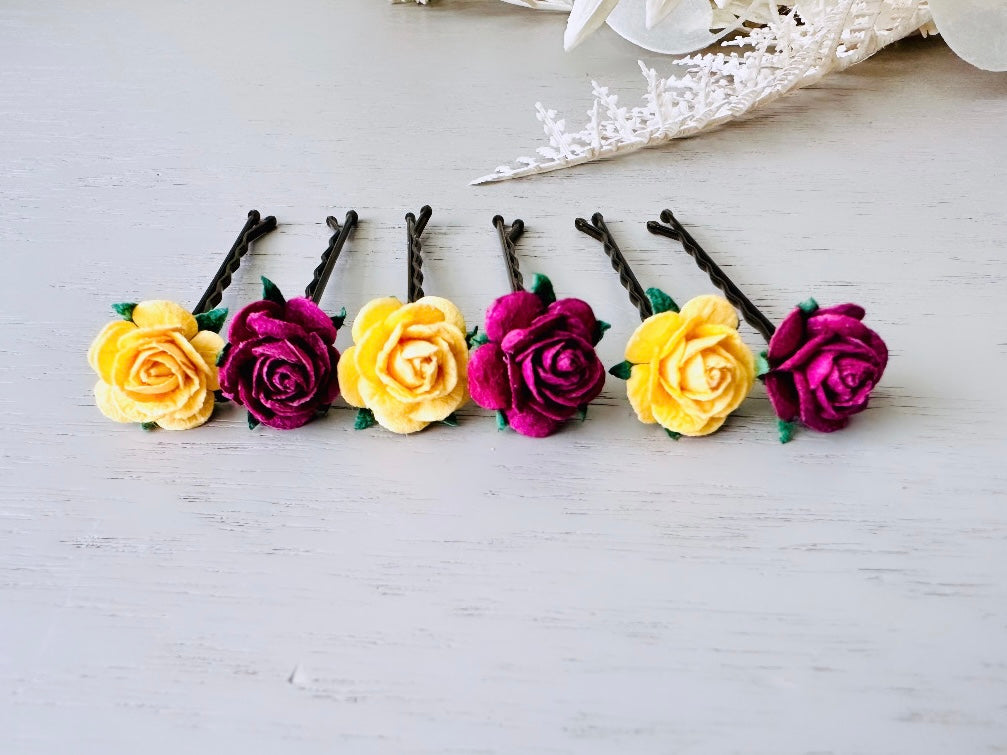 Rose Hair Pins in Marigold Yellow & Plum Wine, Paper Rose Bobby Pin, Floral Hair Accessories, Handmade Flower HairPins for Wedding Prom Hair from Piggle and Pop 