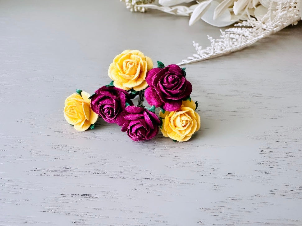 Rose Hair Pins in Marigold Yellow & Plum Wine, Paper Rose Bobby Pin, Floral Hair Accessories, Handmade Flower HairPins for Wedding Prom Hair from Piggle and Pop