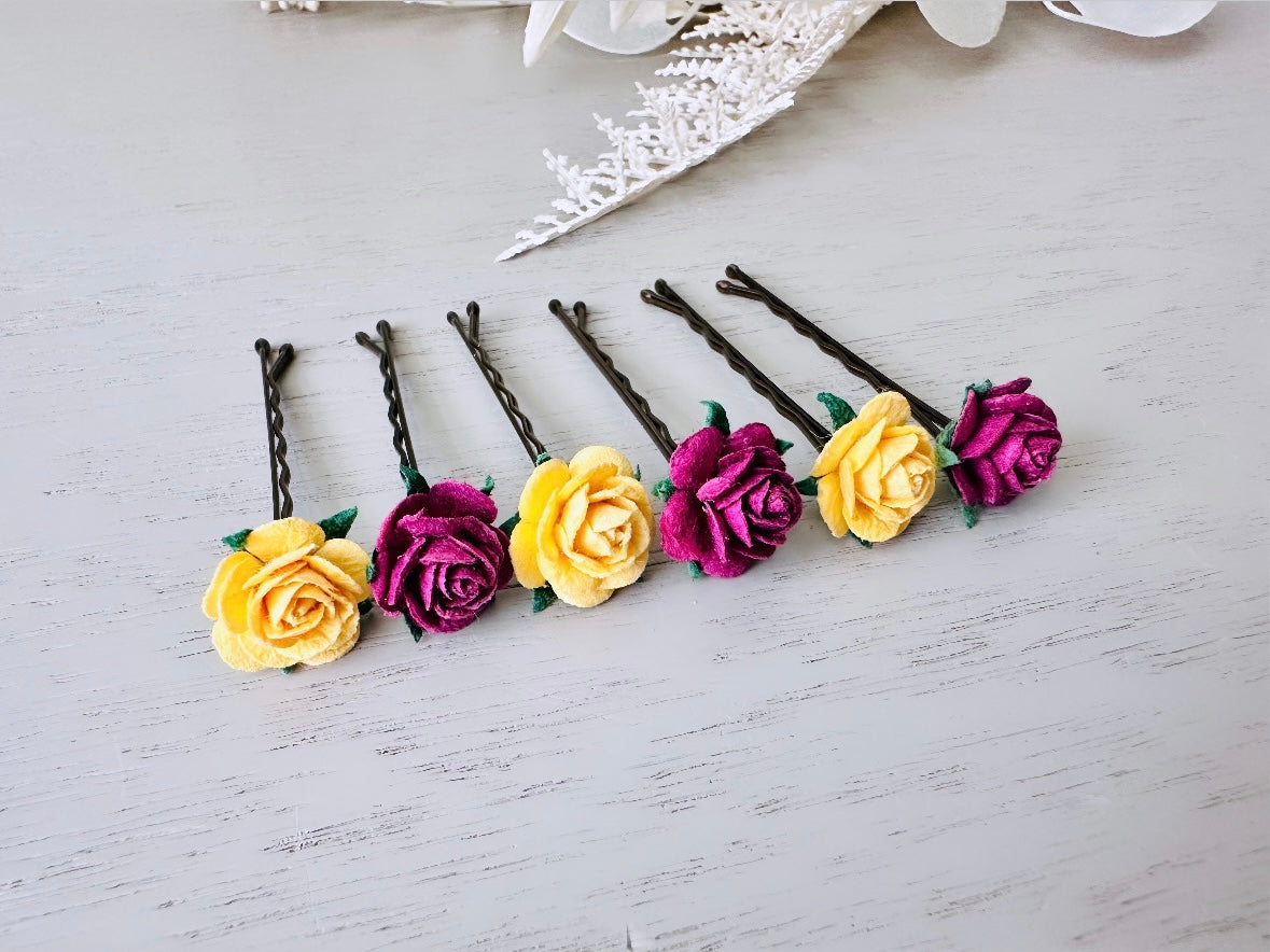 Rose Hair Pins in Marigold Yellow & Plum Wine, Paper Rose Bobby Pin, Floral Hair Accessories, Handmade Flower HairPins for Wedding Prom Hair from Piggle and Pop