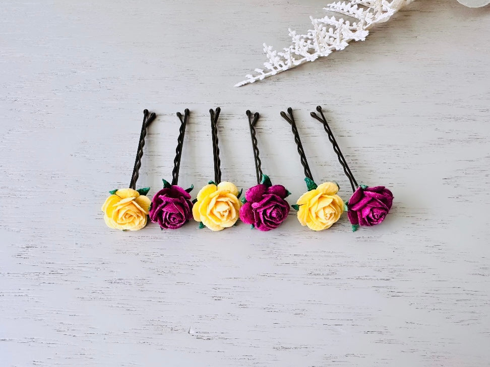 Rose Hair Pins in Marigold Yellow & Plum Wine, Paper Rose Bobby Pin, Floral Hair Accessories, Handmade Flower HairPins for Wedding Prom Hair from Piggle and Pop