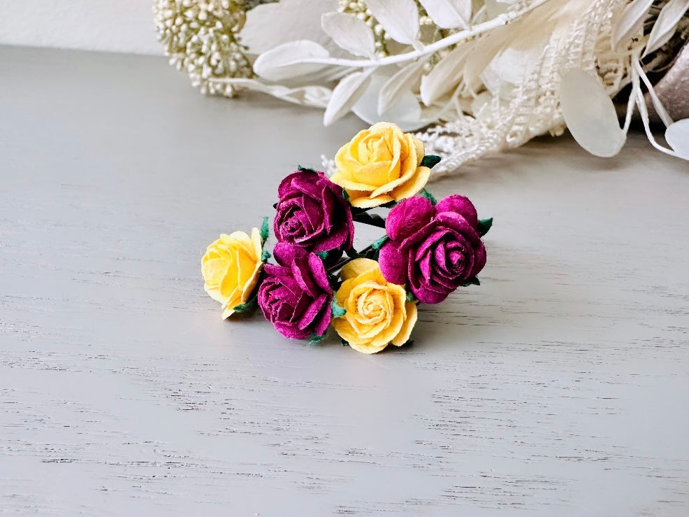 Rose Hair Pins in Marigold Yellow & Plum Wine, Paper Rose Bobby Pin, Floral Hair Accessories, Handmade Flower HairPins for Wedding Prom Hair from Piggle and Pop