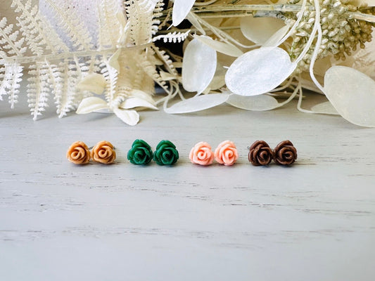 Rose Post Earrings, Caramel Emerald Pink and Chocolate Flower Stud Earrings Set