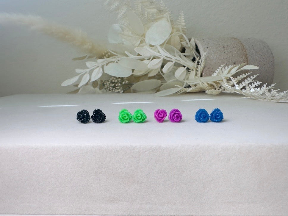 Rose Stud Earrings Set, Black Green Purple Blue Flower Stud Earrings with Hypoallergenic Posts and Backs