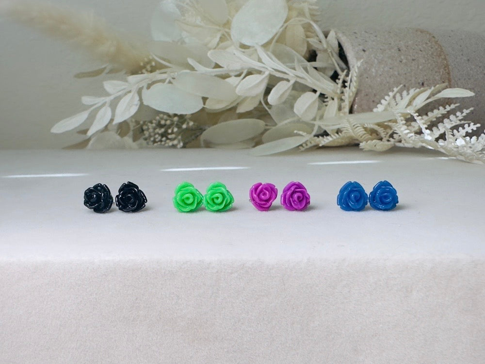 Rose Stud Earrings Set, Black Green Purple Blue Flower Stud Earrings with Hypoallergenic Posts and Backs