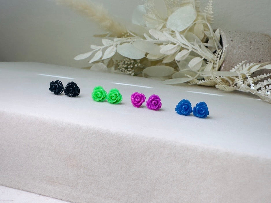 Rose Stud Earrings Set, Black Green Purple Blue Flower Stud Earrings with Hypoallergenic Posts and Backs